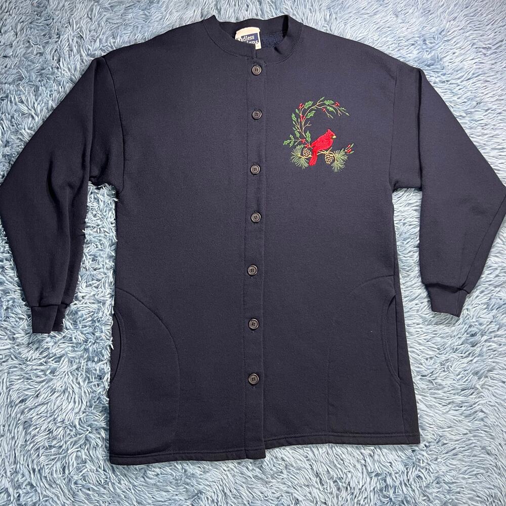 VINTAGE Cardinal Bird Button Up Cardigan Sweater Size 1X Womens Blue Red 90s